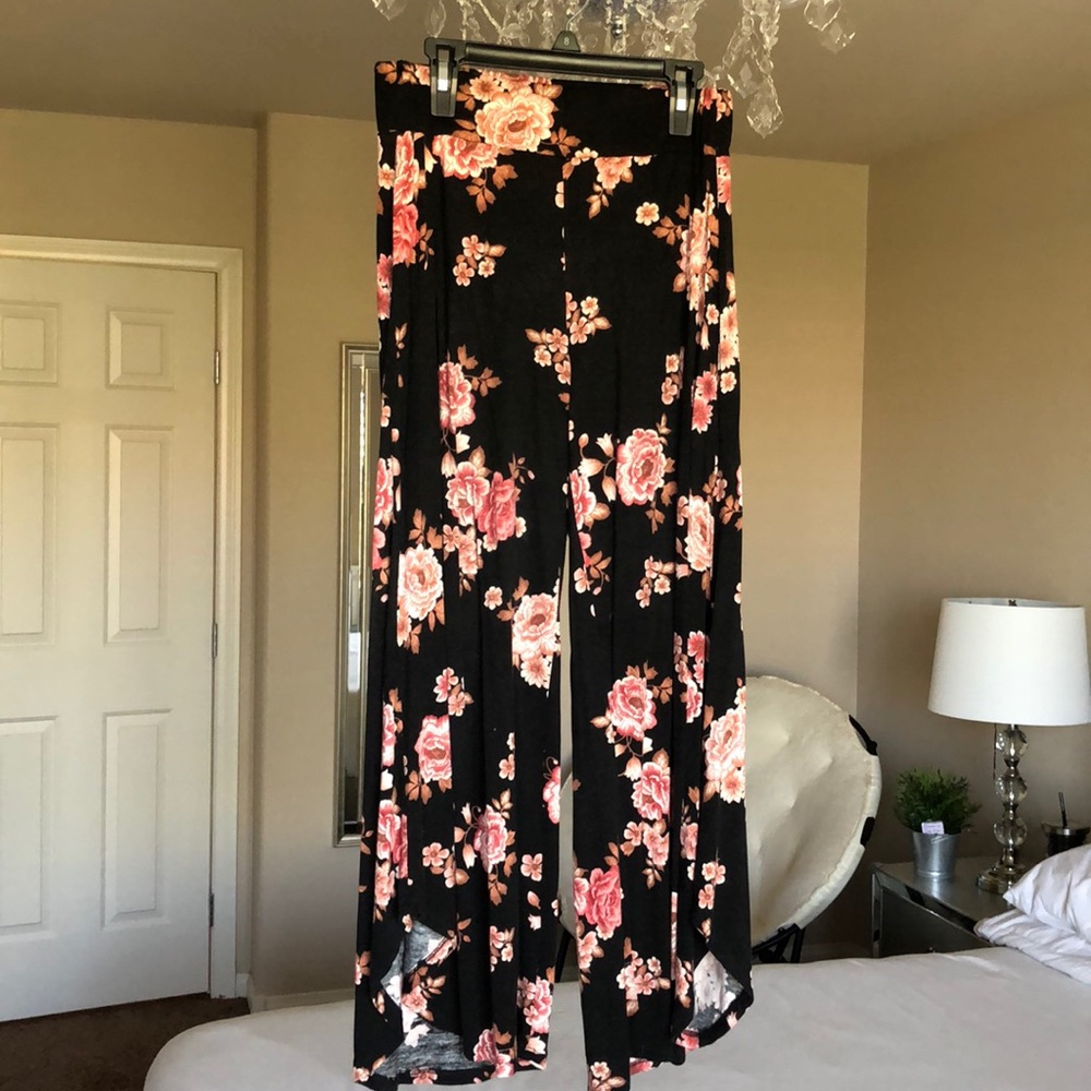 Black with floral print wide leg pants